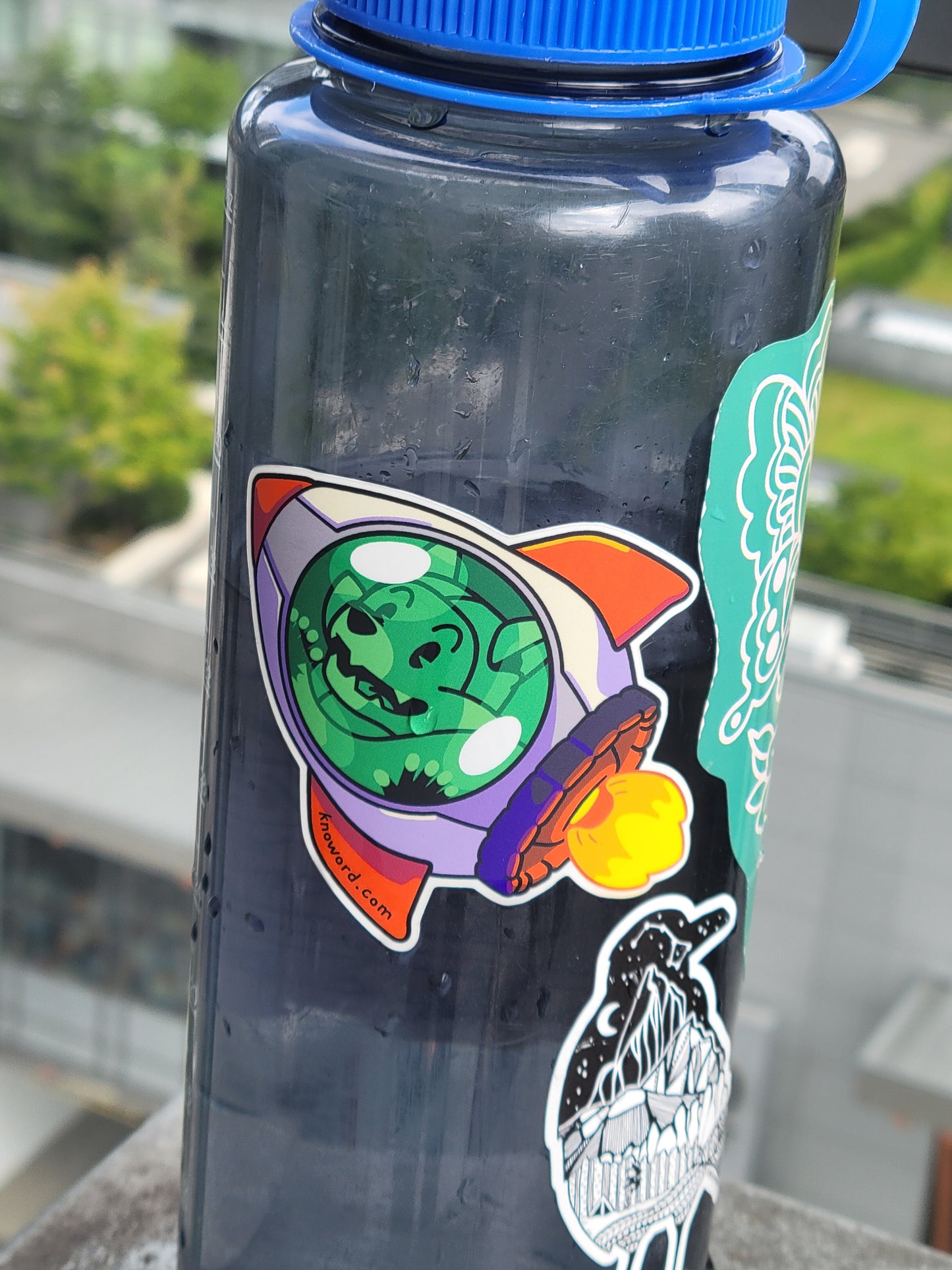 sticker stuck on a water bottle